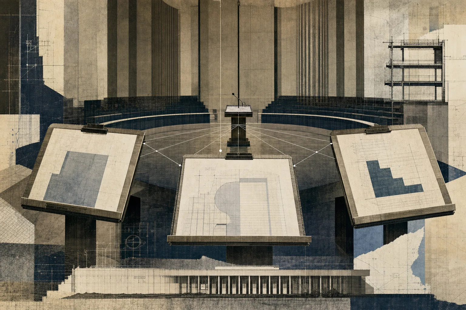Três pranchas jurídicas vazias em ambiente arquitetônico representando parecer, peça judicial e dissertação da AGU