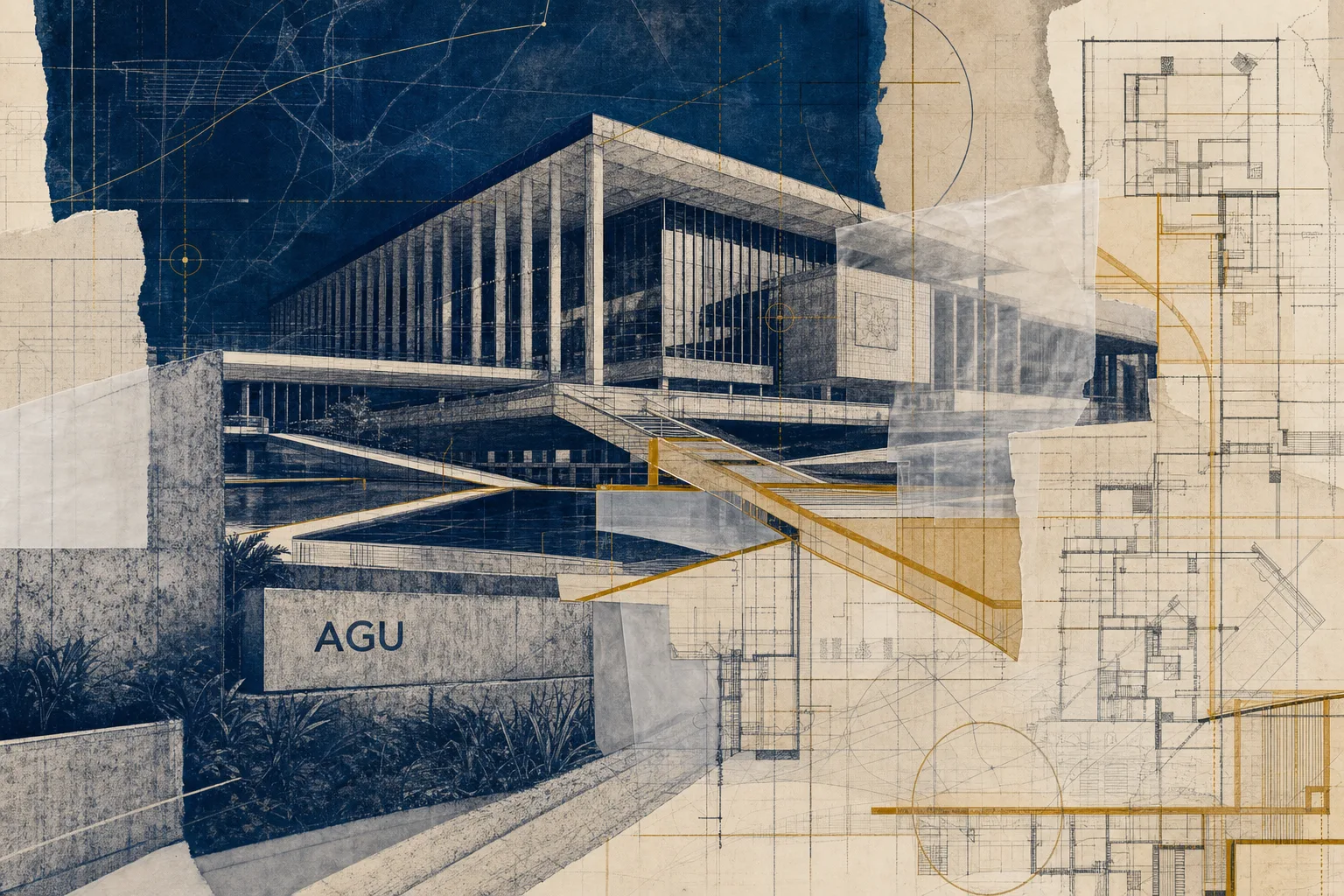 Colagem arquitetônica de uma estrutura pública jurídica em construção para representar a preparação do concurso da AGU