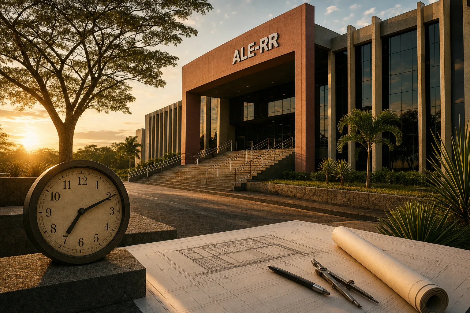 Arquitetura legislativa em Boa Vista sob luz tropical, integrada a um relógio e a linhas técnicas do edital