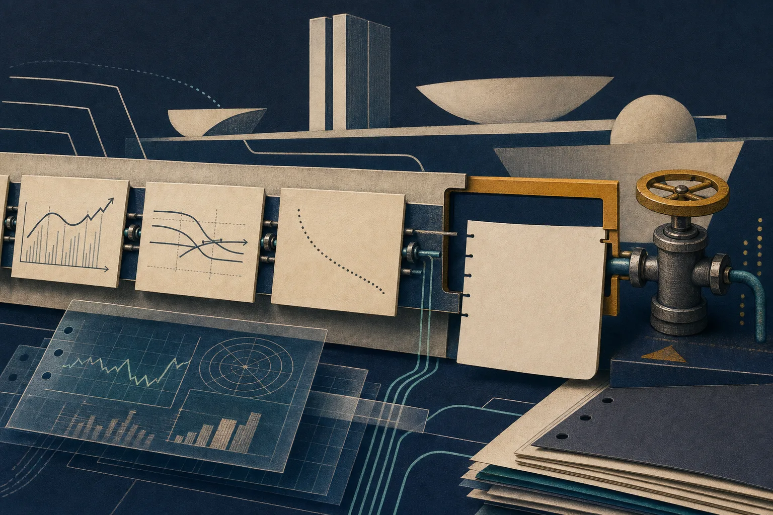 Linha do tempo mecânica em papel com uma lacuna de publicação e geometria abstrata de Brasília, relacionada à janela pré-edital