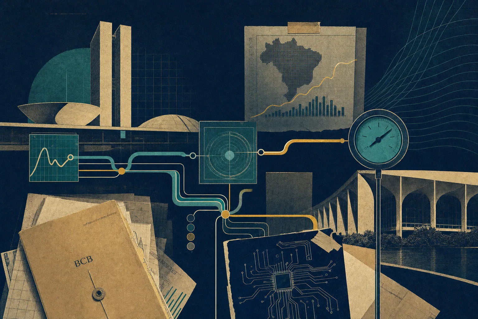 Colagem editorial de circuito de transmissão monetária e arquitetura modernista abstrata relacionada ao cenário pré-edital do Banco Central