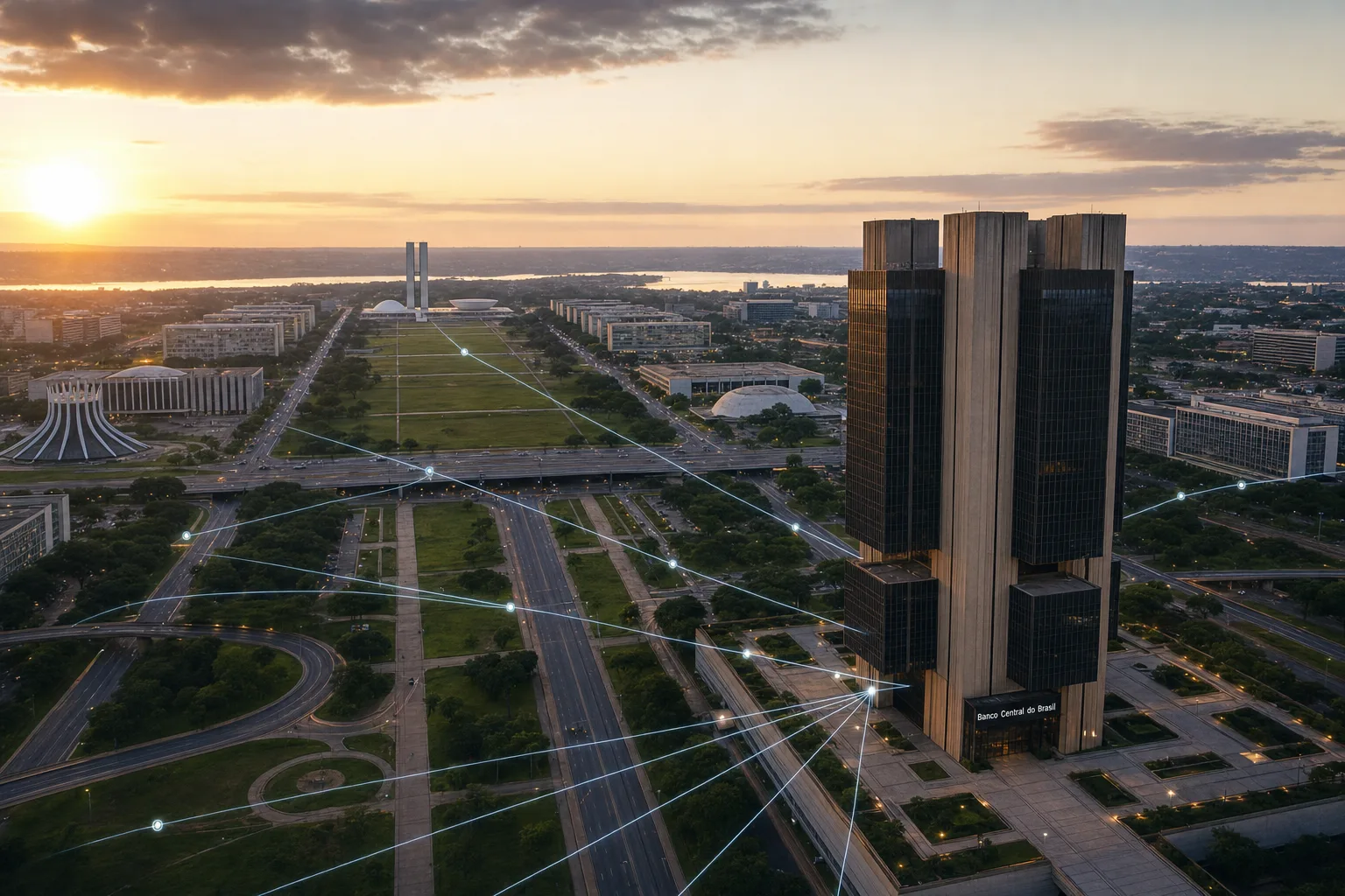 Vista aérea documental de Brasília com linhas técnicas convergindo para infraestrutura vinculada ao Banco Central