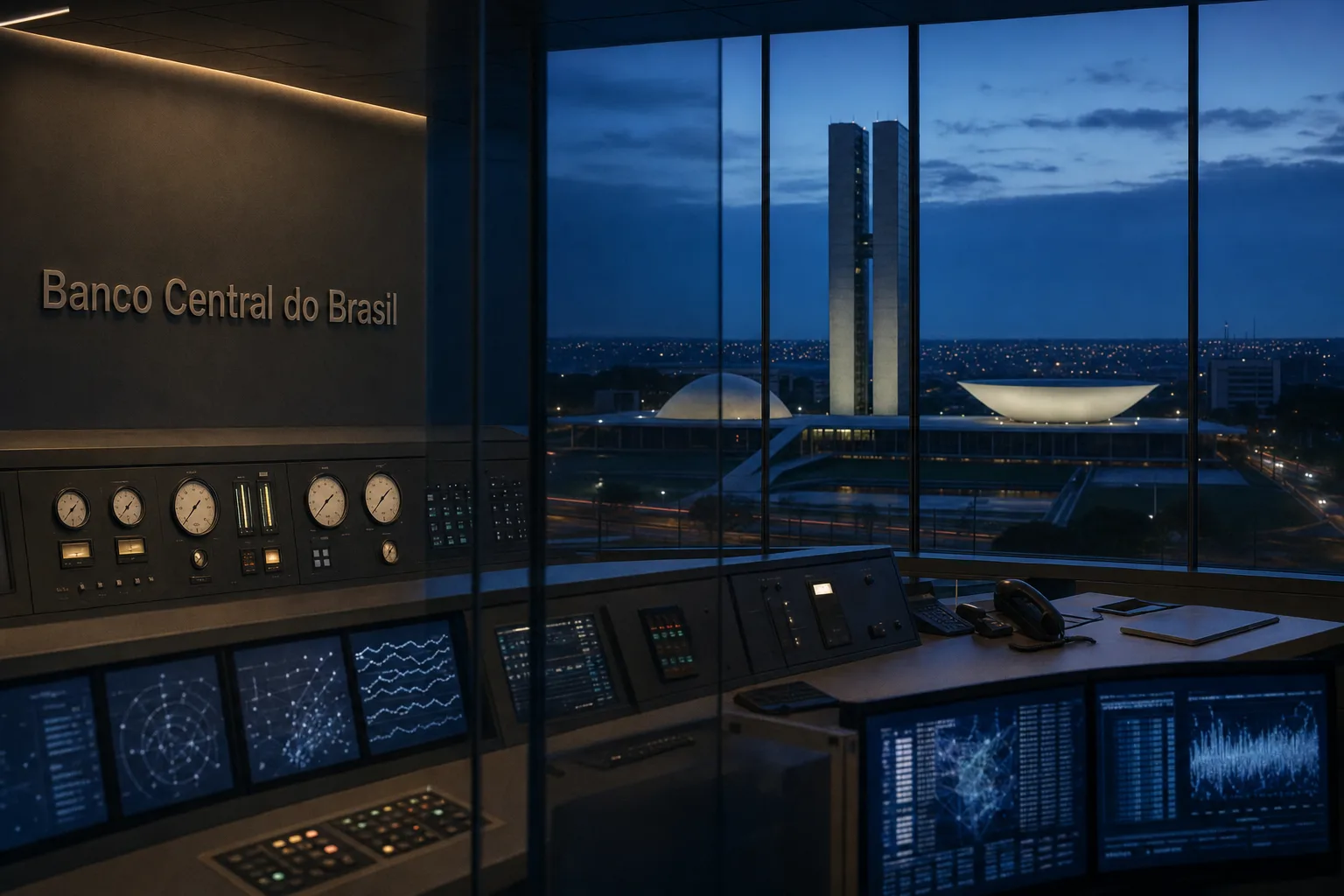 Sala técnica de controle monetário em Brasília, com instrumentos analógicos e monitores abstratos, relacionada ao concurso do Banco Central