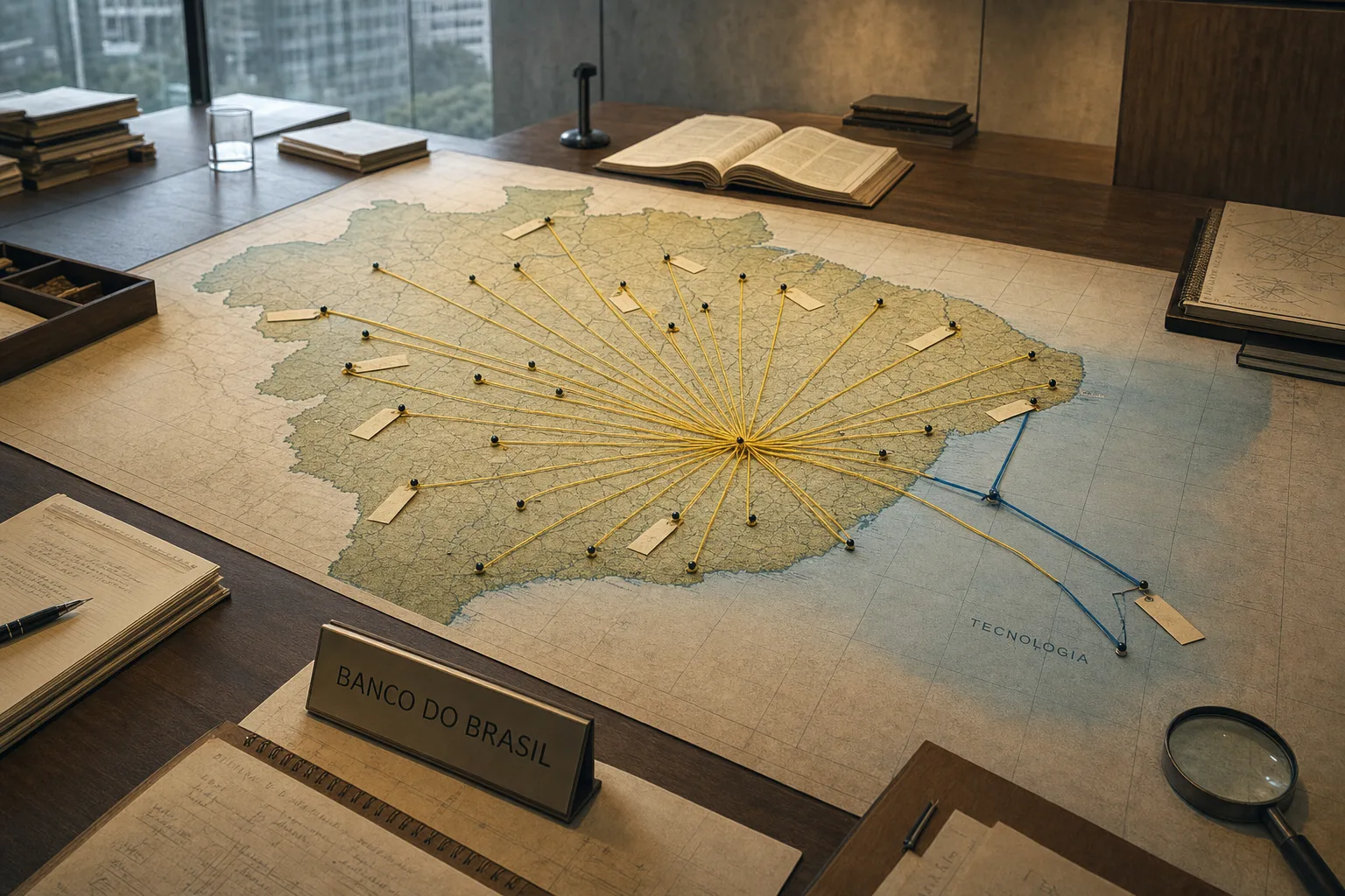 Mapa impresso do Brasil sobre mesa de operações com rotas que representam lotações do último concurso Banco do Brasil
