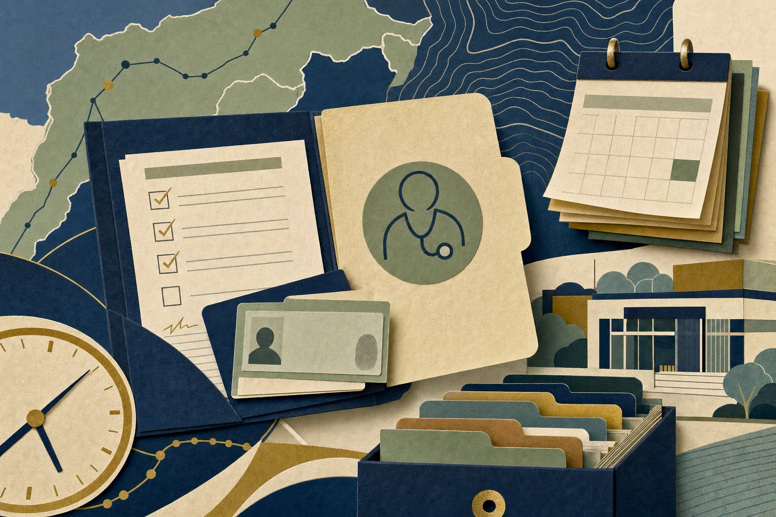 Colagem de pasta aberta, checklist, documentos abstratos e calendário representando a organização para a posse