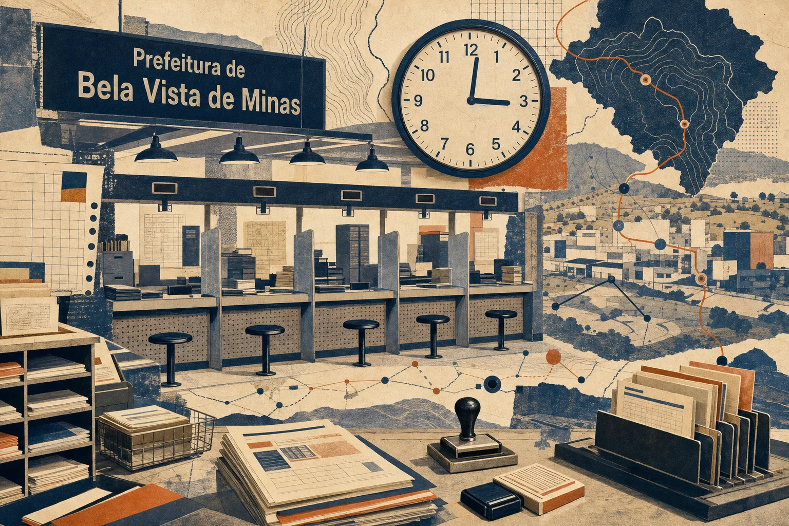 Colagem editorial de um balcão municipal, relógio de expediente, pastas e rotas de atendimento ligados ao concurso de Bela Vista de Minas