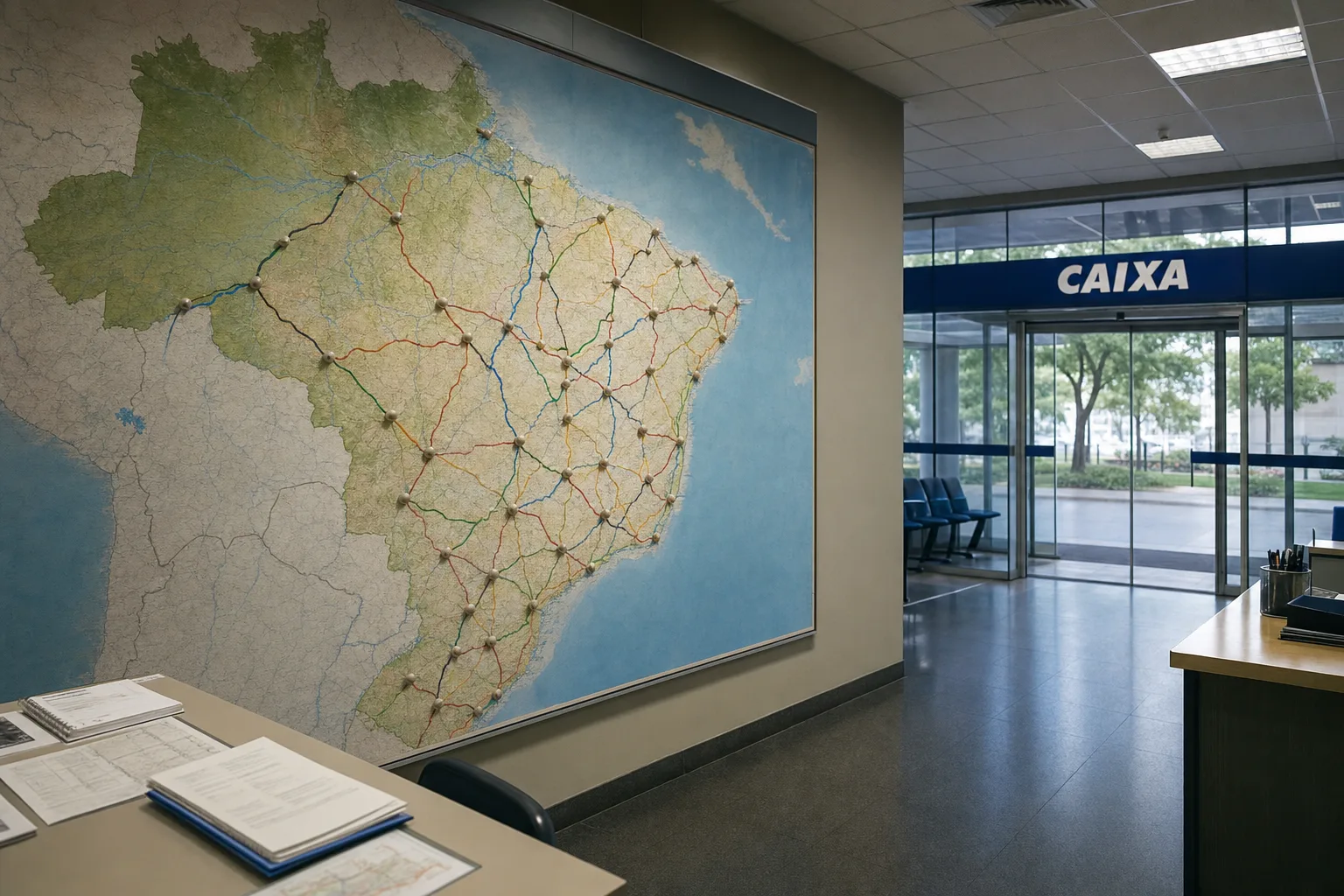 Mapa do Brasil com rotas e pontos de atendimento, representando locais de prova e lotações do concurso CAIXA de 2024