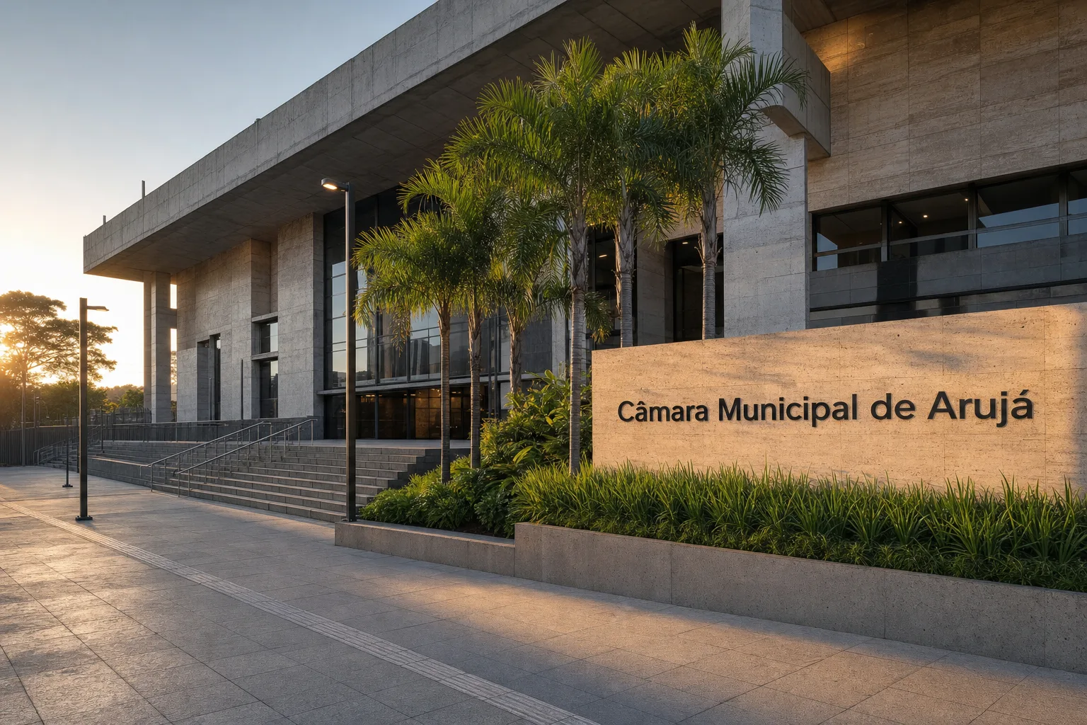 Entrada da Câmara Municipal de Arujá, referência arquitetônica do concurso público de 2026