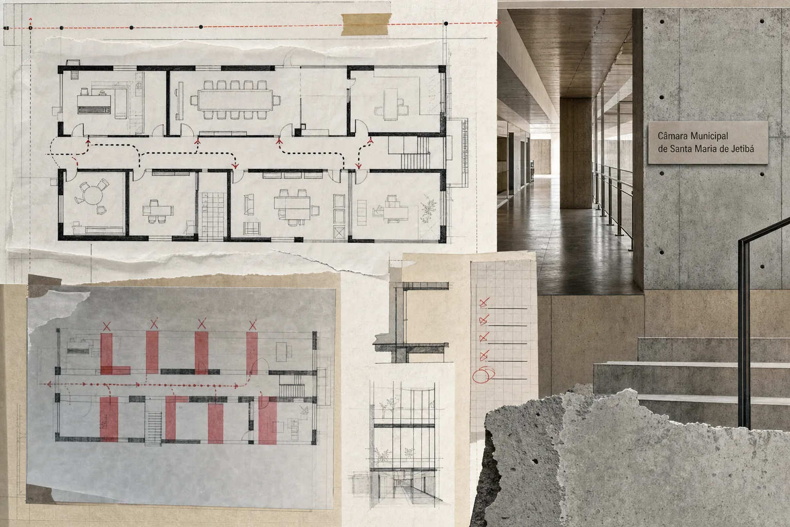Colagem arquitetônica editorial da Câmara como uma Casa pública em reabertura, com planta abstrata, corredores vazios, papel vegetal e marcações técnicas