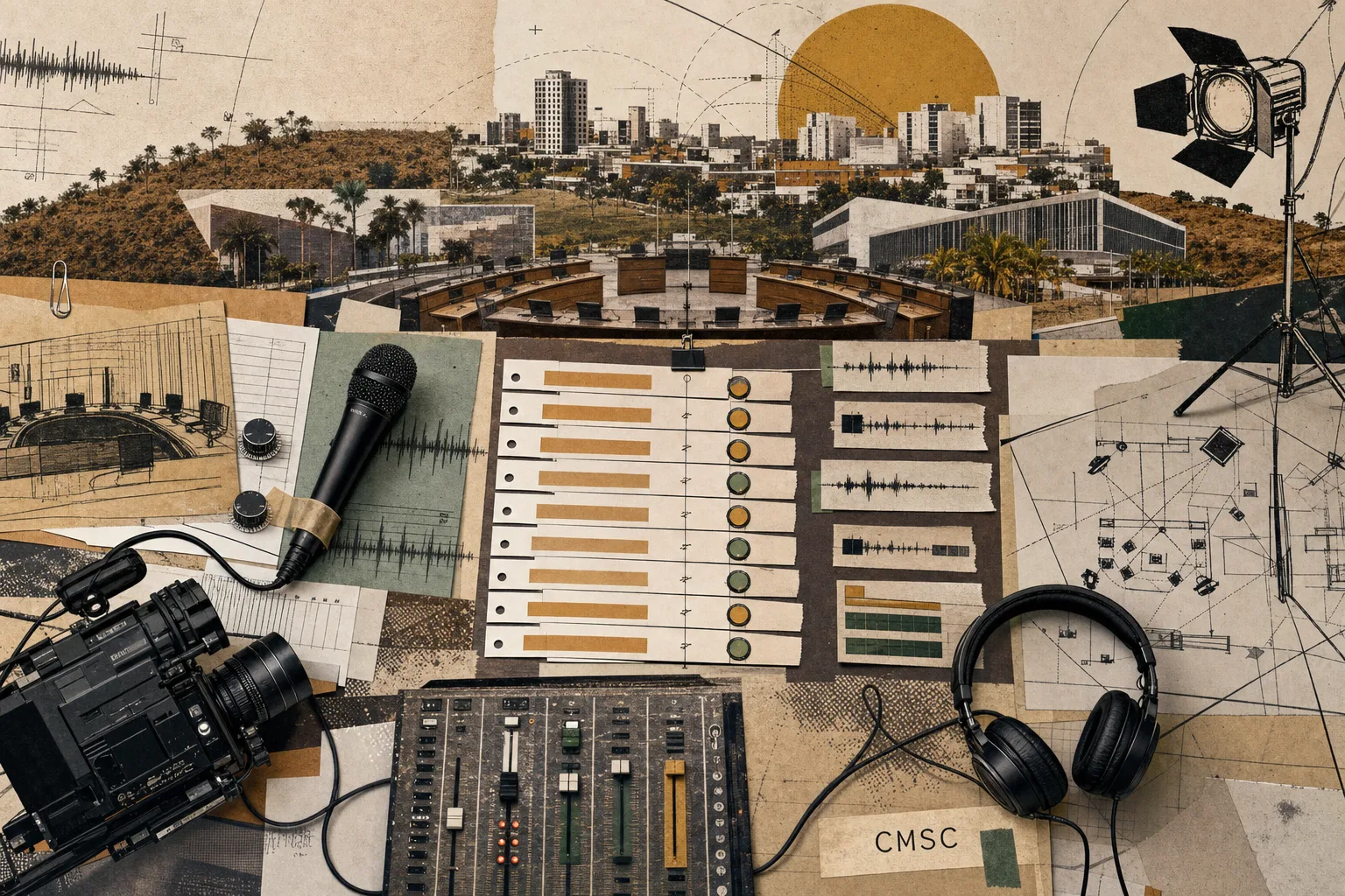 Colagem vista de cima com pauta de transmissão, microfone, ondas de áudio, marcações de câmera e caminhos técnicos convergindo para o horizonte de Senador Canedo