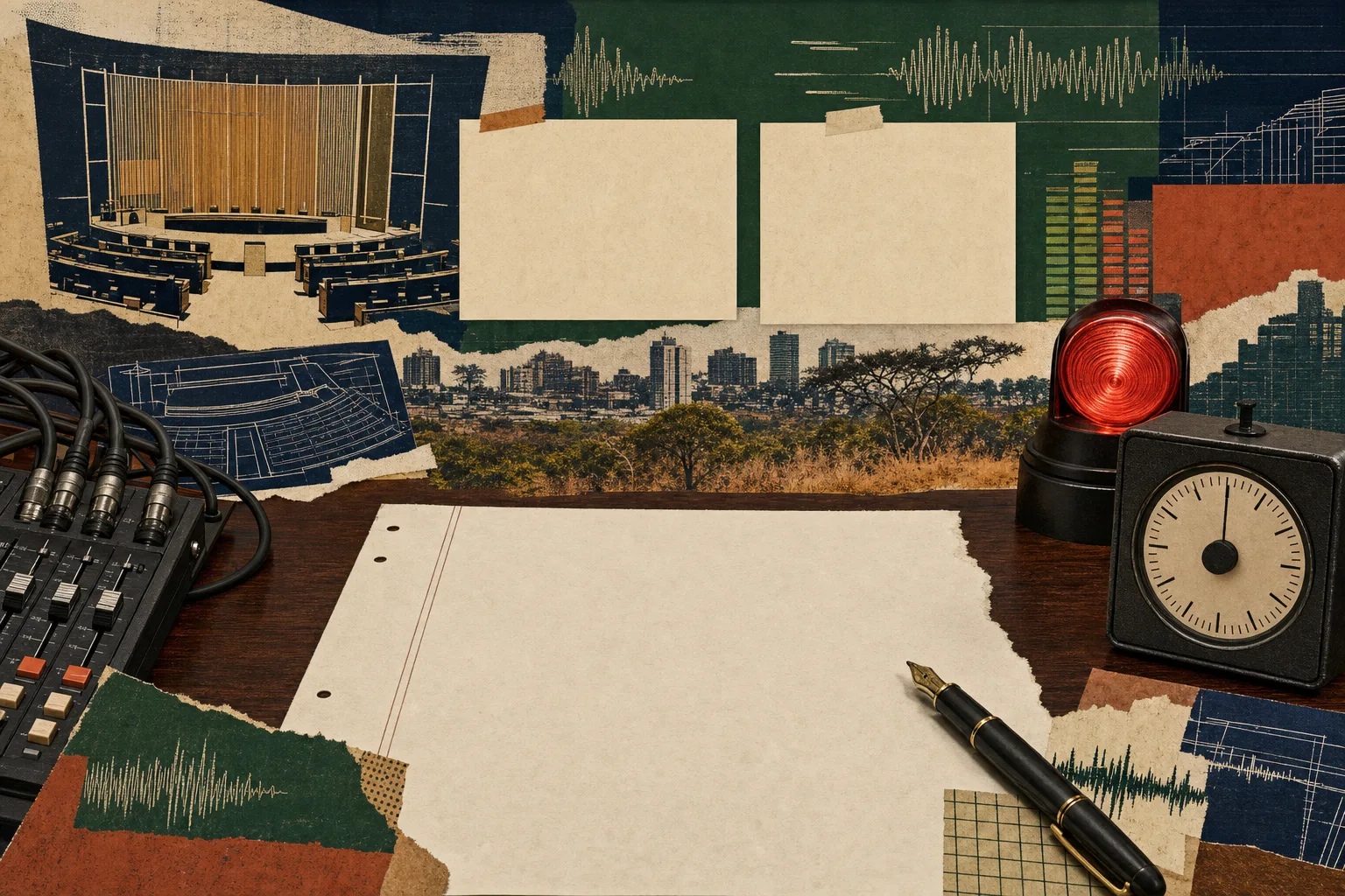 Colagem editorial de uma mesa jurídica com folha de peça profissional, dois painéis de questões, temporizador analógico e sinal vermelho de transmissão