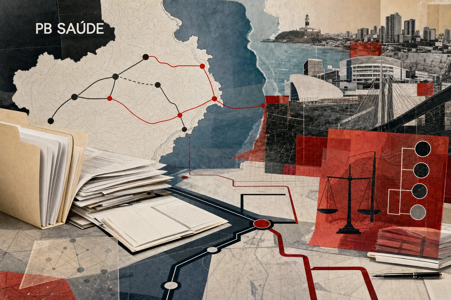 Colagem de rota jurídica com documentos e caminhos de decisão dentro de uma rede pública de saúde associada ao cargo de Advogado