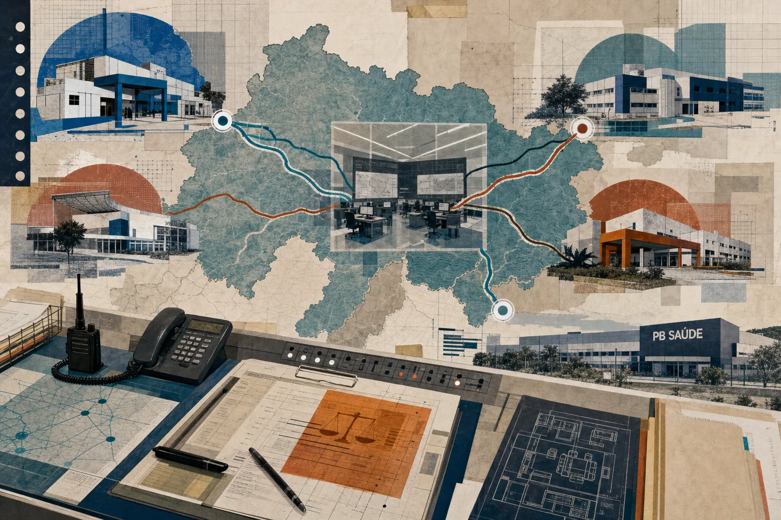 Composição territorial abstrata da Paraíba com quatro nós conectados, representando cidades de prova do concurso PB Saúde