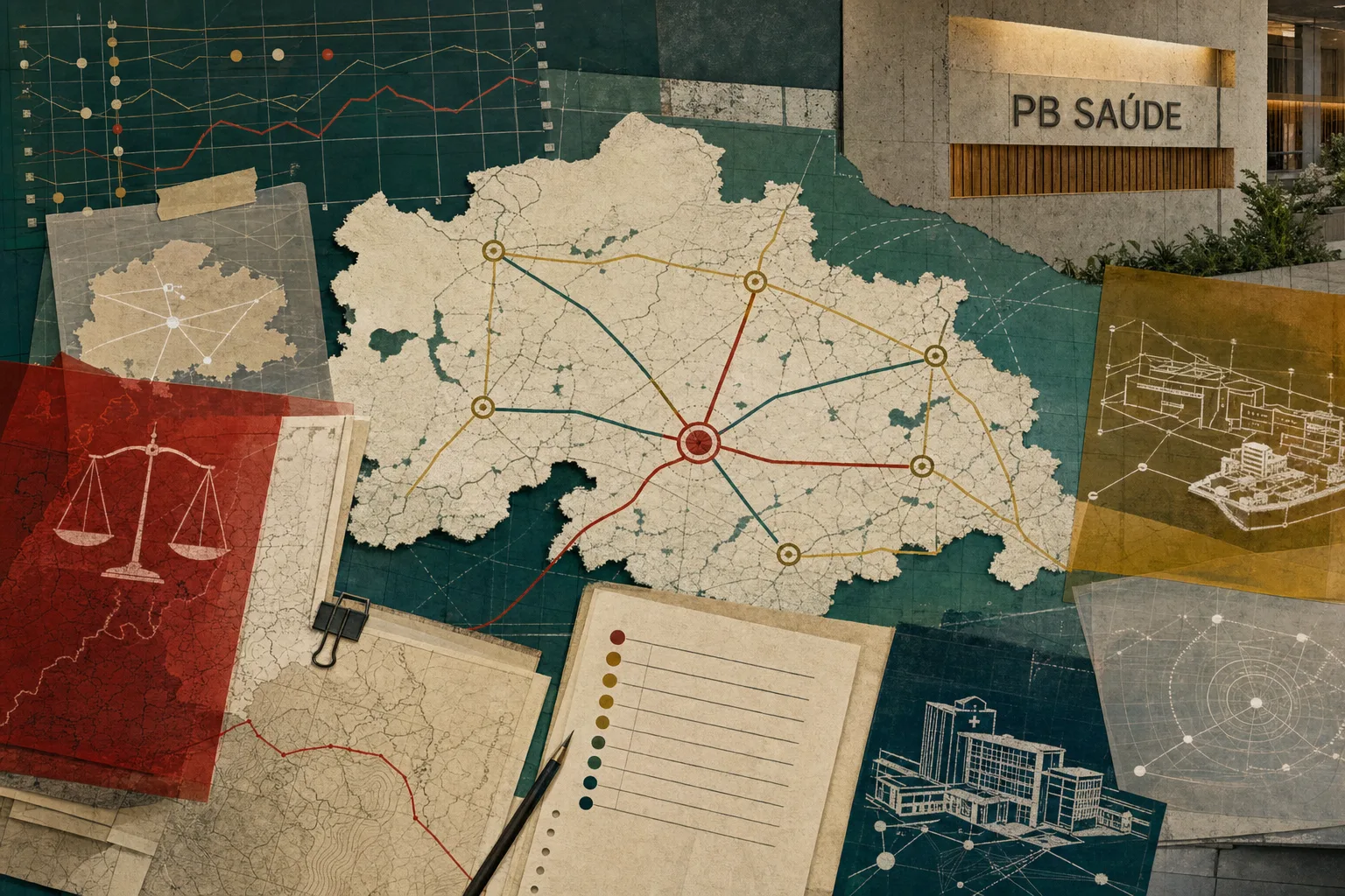 Colagem editorial de uma central de regulação em saúde pública com rotas territoriais da Paraíba relacionadas ao concurso PB Saúde