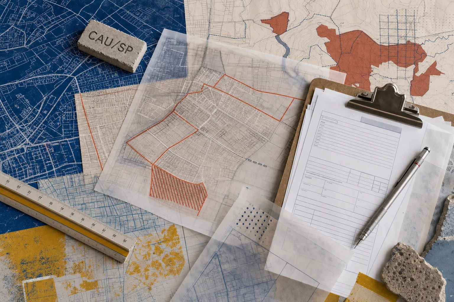 Mesa editorial de vistoria com folhas de malha urbana, régua, formulários técnicos e marcações ligadas aos requisitos do concurso CAU-SP