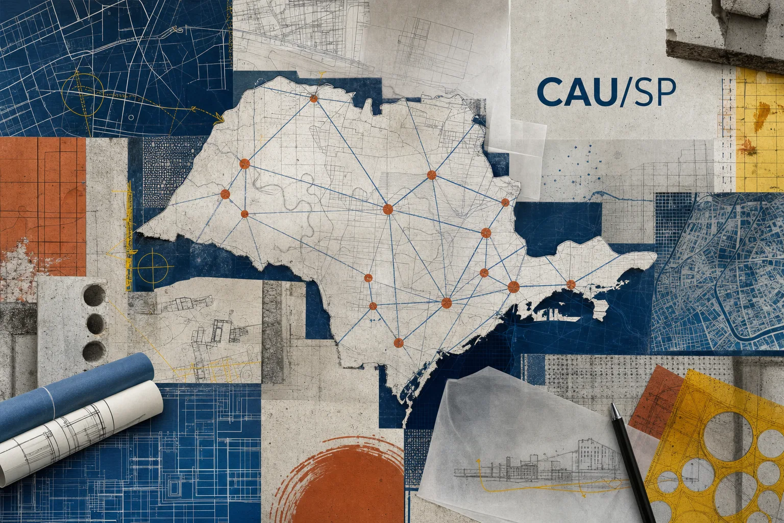 Colagem cartográfica do território paulista com malha urbana, marcações de fiscalização e polos conectados para o concurso CAU-SP