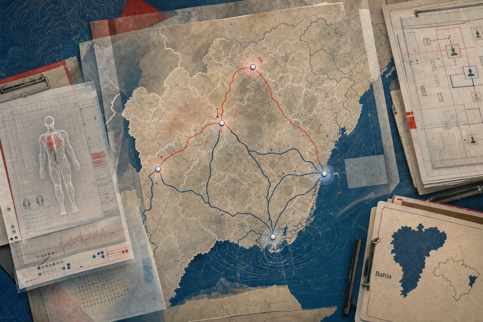 Mapa editorial da Bahia com marcadores de encaminhamento para regiões de lotação dos Oficiais de Saúde