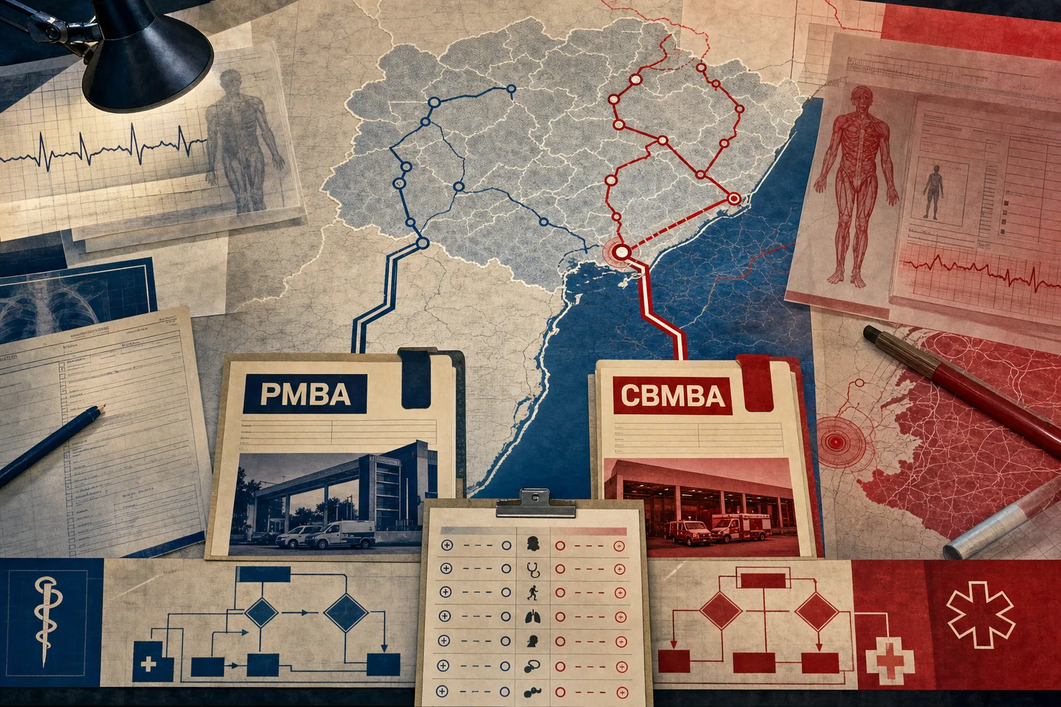 Mesa editorial de operações médico-militares com rotas paralelas para PMBA e CBMBA sobre mapa abstrato da Bahia