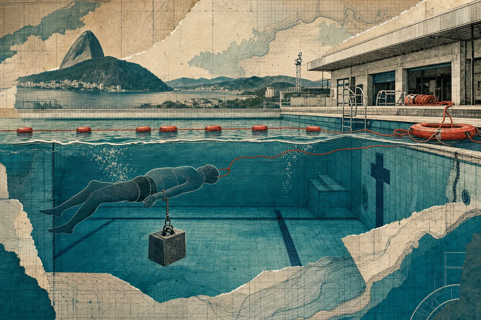 Corte técnico de piscina com superfície, faixa submersa, linha de segurança e lastro relacionado ao teste aquático de Busca e Salvamento