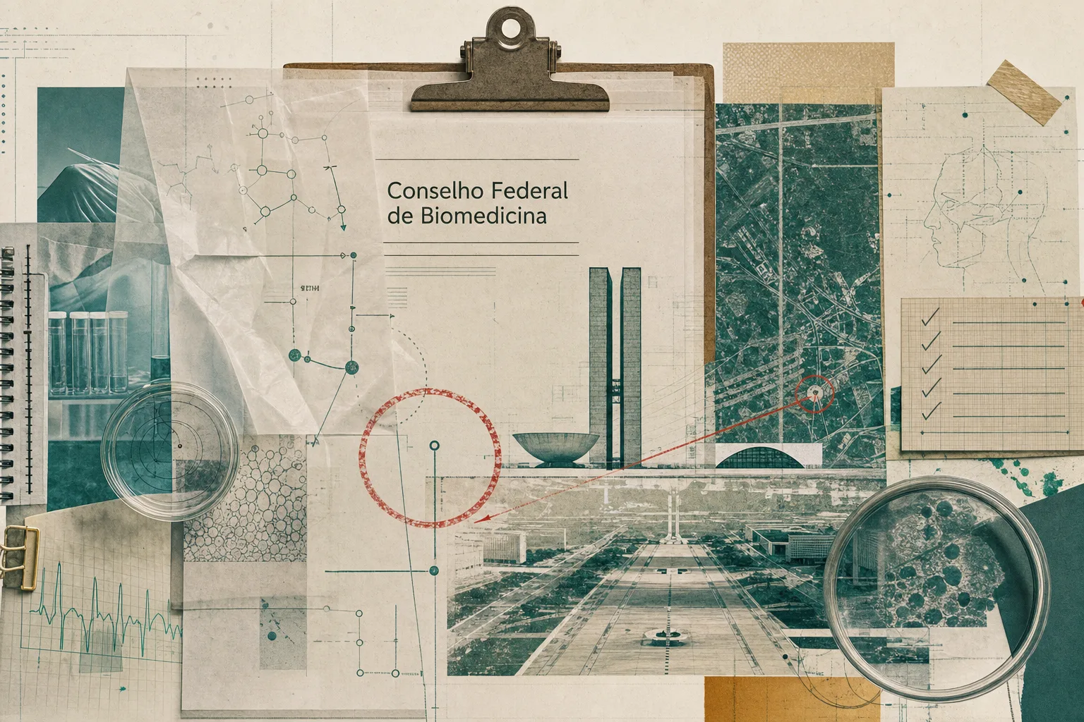 Colagem editorial de prancheta regulatória, diagramas biomédicos e fragmentos abstratos de Brasília para o concurso do Conselho Federal de Biomedicina