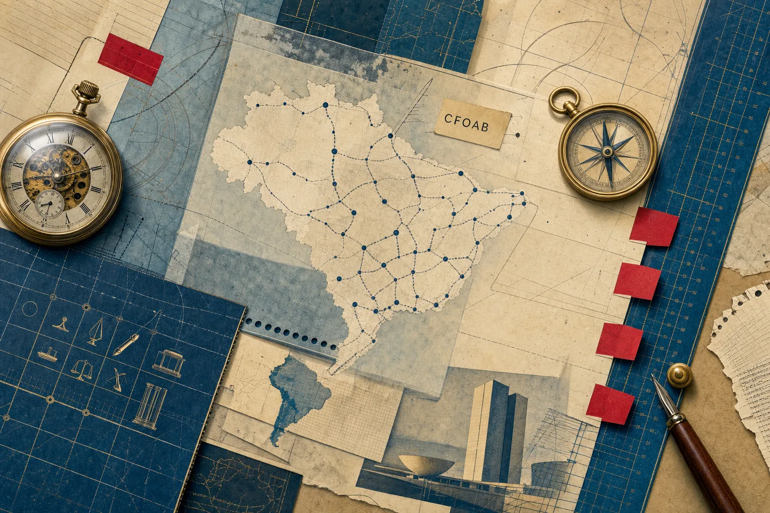 Mapa editorial de rotas nacionais com papel translúcido, bússola e marcações de prazo para o Exame de Ordem