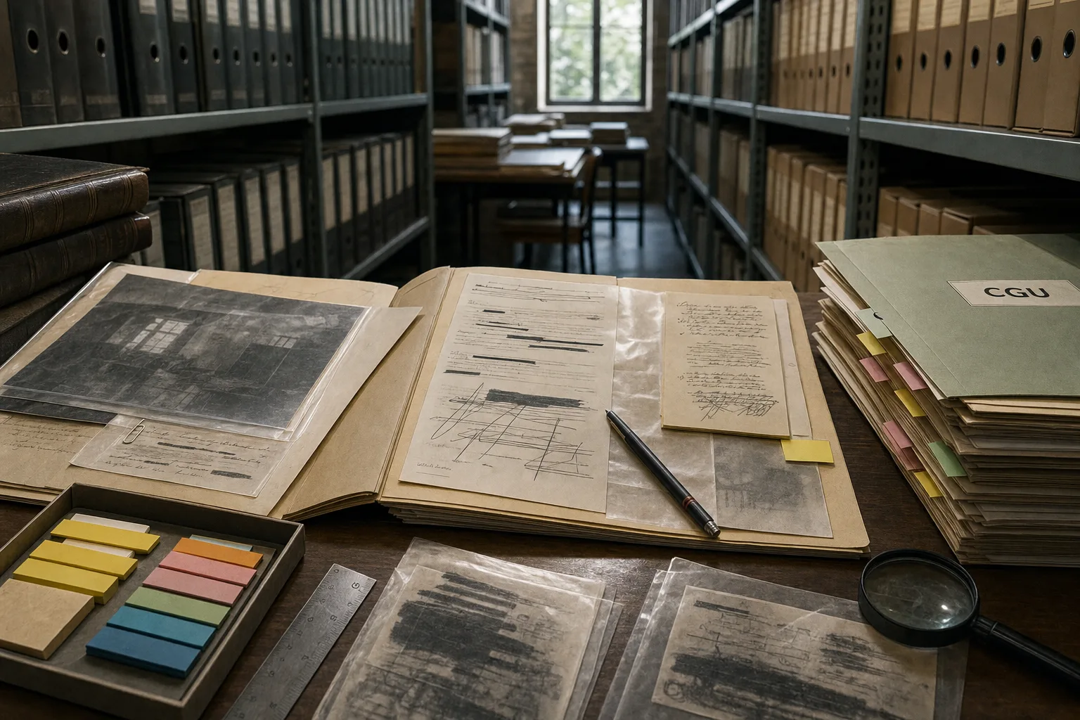 Arquivo de registros com pastas, réguas e etiquetas de revisão que remetem à análise documental do concurso CGU