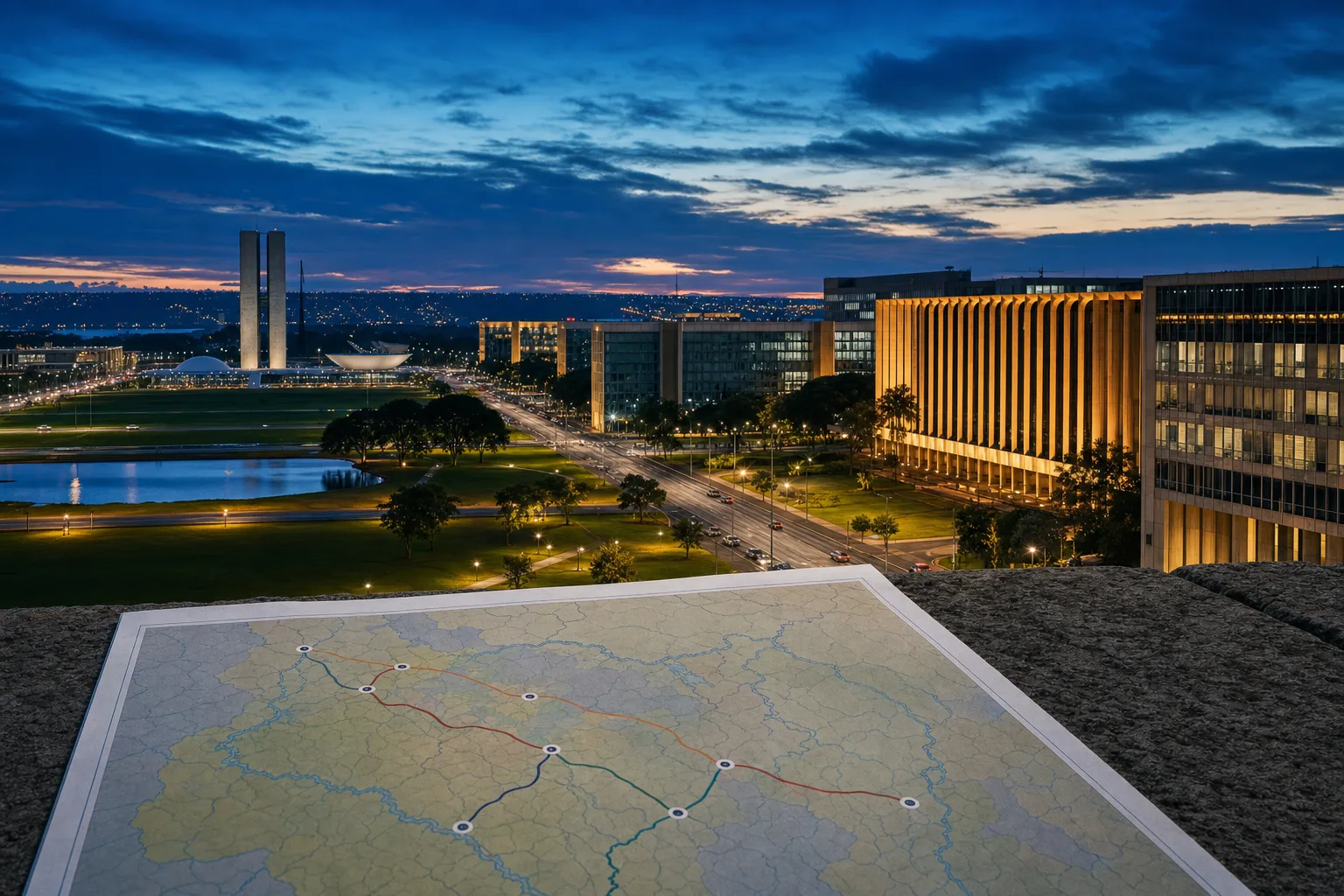 Vista documental de Brasília com corredor institucional e folha de rotas territoriais relacionada ao concurso CGU