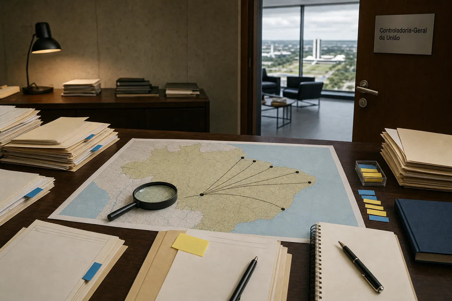 Mesa de investigação de controle público em Brasília com pastas de auditoria, lupa e diagrama de rotas