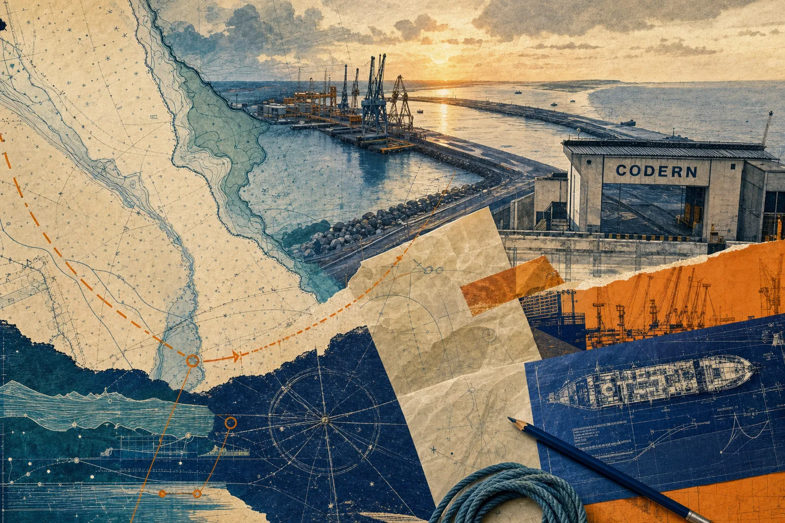 Colagem editorial de carta náutica e operação portuária que representa as rotas do concurso CODERN no Rio Grande do Norte