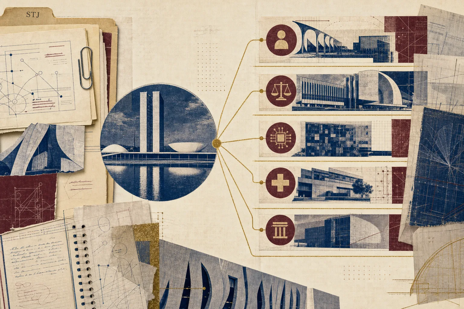 Mapa editorial ramificado de áreas administrativas, judiciárias, tecnologia e saúde relacionado aos cargos históricos do STJ em Brasília