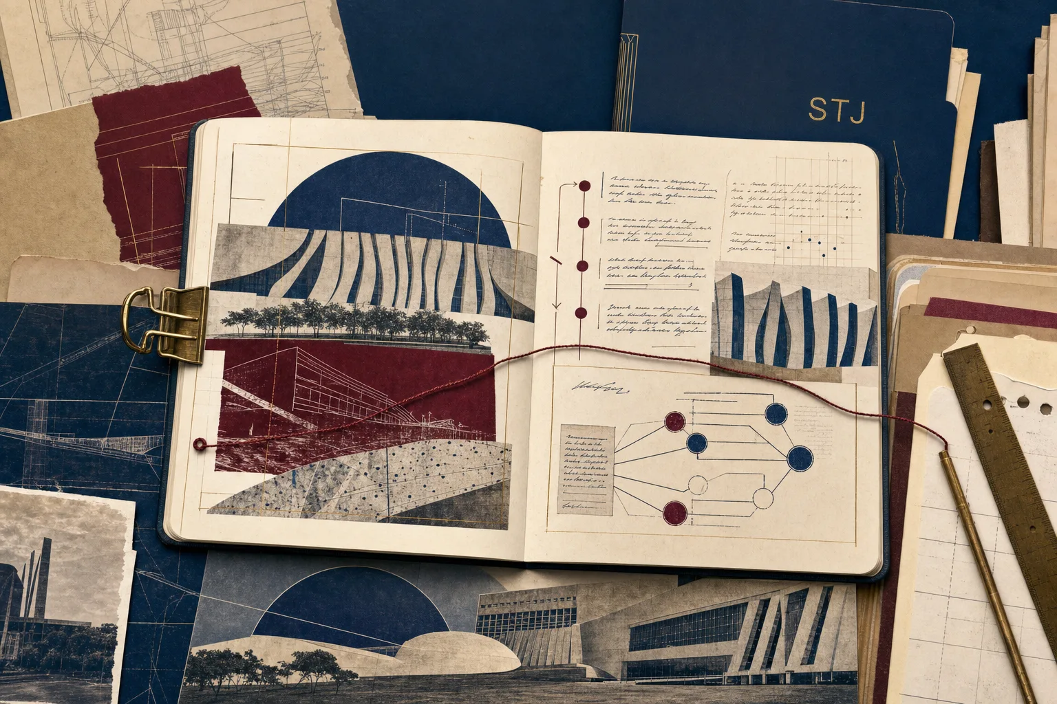 Colagem editorial de caderno jurídico, arquitetura abstrata de Brasília e anotações sobre preparação para o concurso STJ