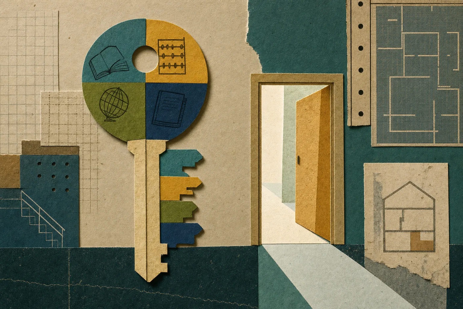 Gravura editorial de uma chave simbólica formada por recortes abstratos e uma porta aberta, associada à estratégia de estudo antes do edital de Ibiúna