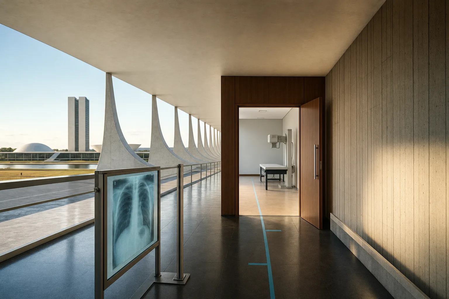 Corredor institucional vazio em Brasília com painel translúcido e linhas de orientação, sugerindo o percurso até as provas do CONTER