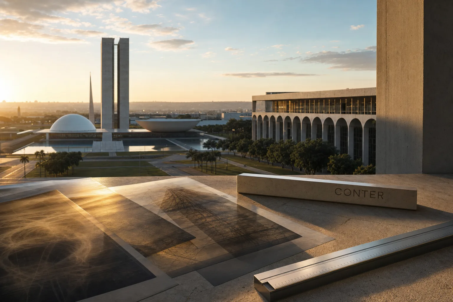 Vista editorial de Brasília com películas radiográficas e instrumentos de precisão, relacionando a sede única do concurso ao controle dos prazos