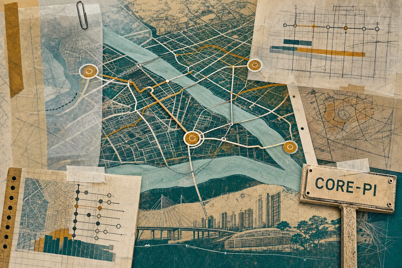 Colagem editorial de rotas urbanas abstratas em Teresina para o concurso Core-PI