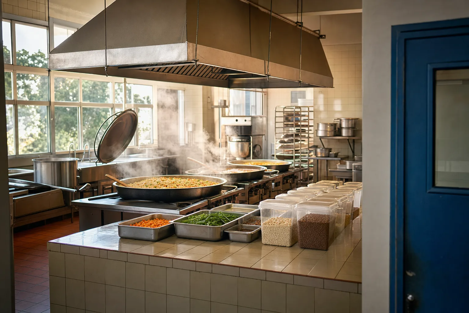 Cozinha profissional institucional com panelas e superfícies de preparo que remete à produção de alimentação escolar da CRAISA