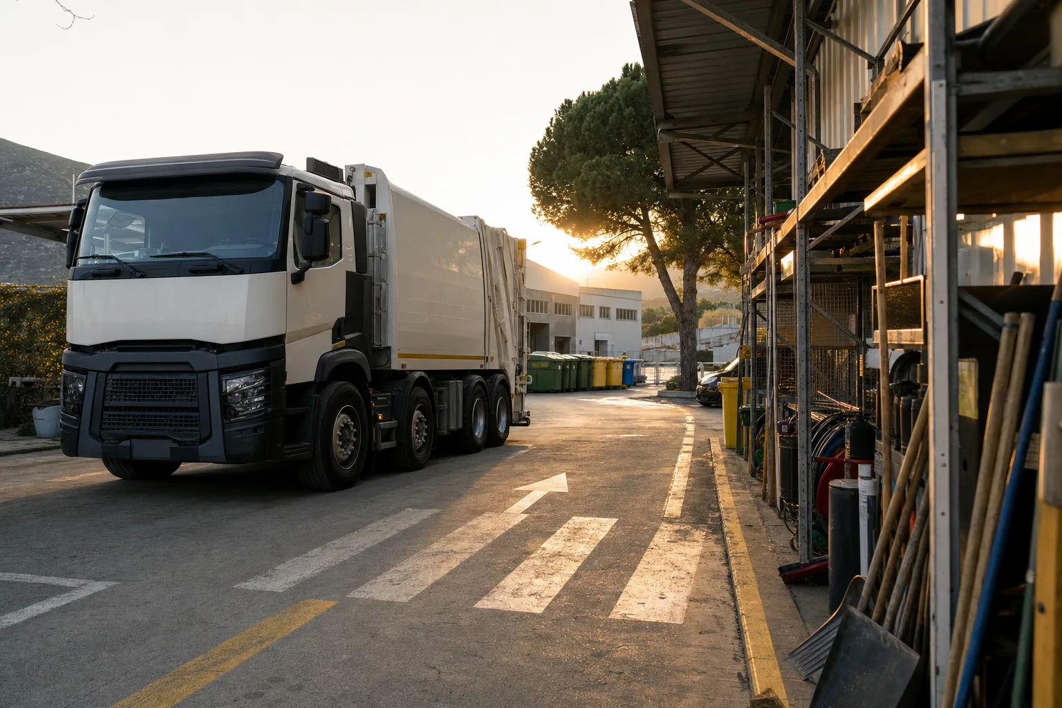 Pátio de serviço municipal com veículo, ferramentas e área de circulação relacionado às rotas práticas, de direção e manutenção do concurso CRAISA