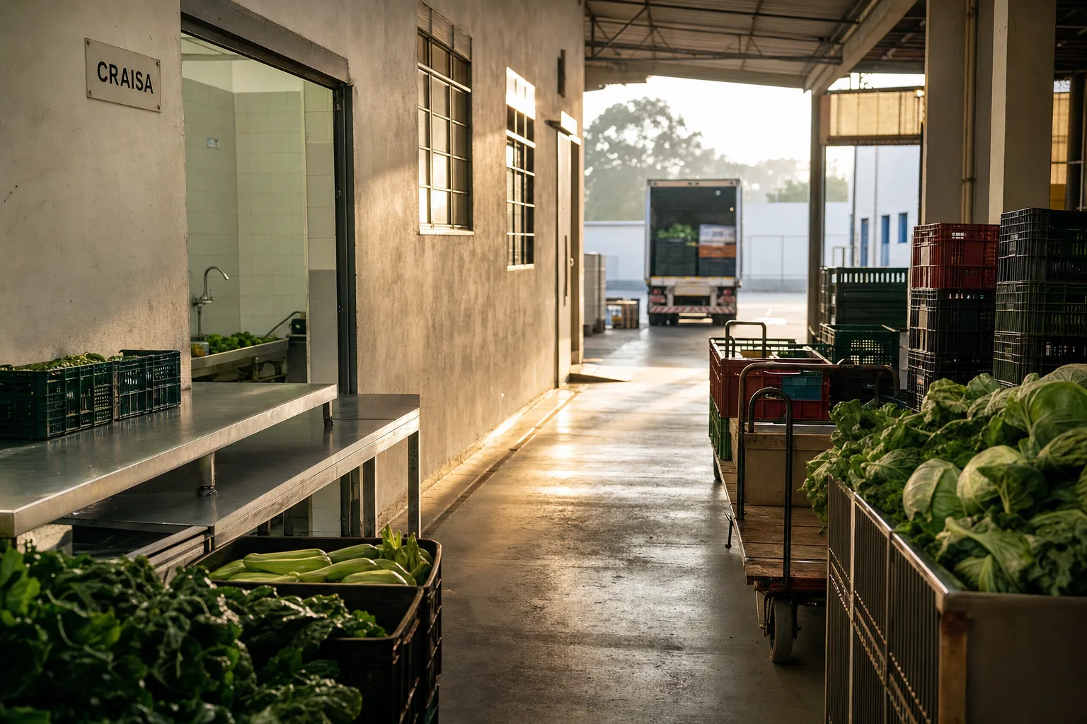 Ambiente de abastecimento alimentar com caixas de produtos, carrinhos industriais e corredor de carga relacionado à operação da CRAISA
