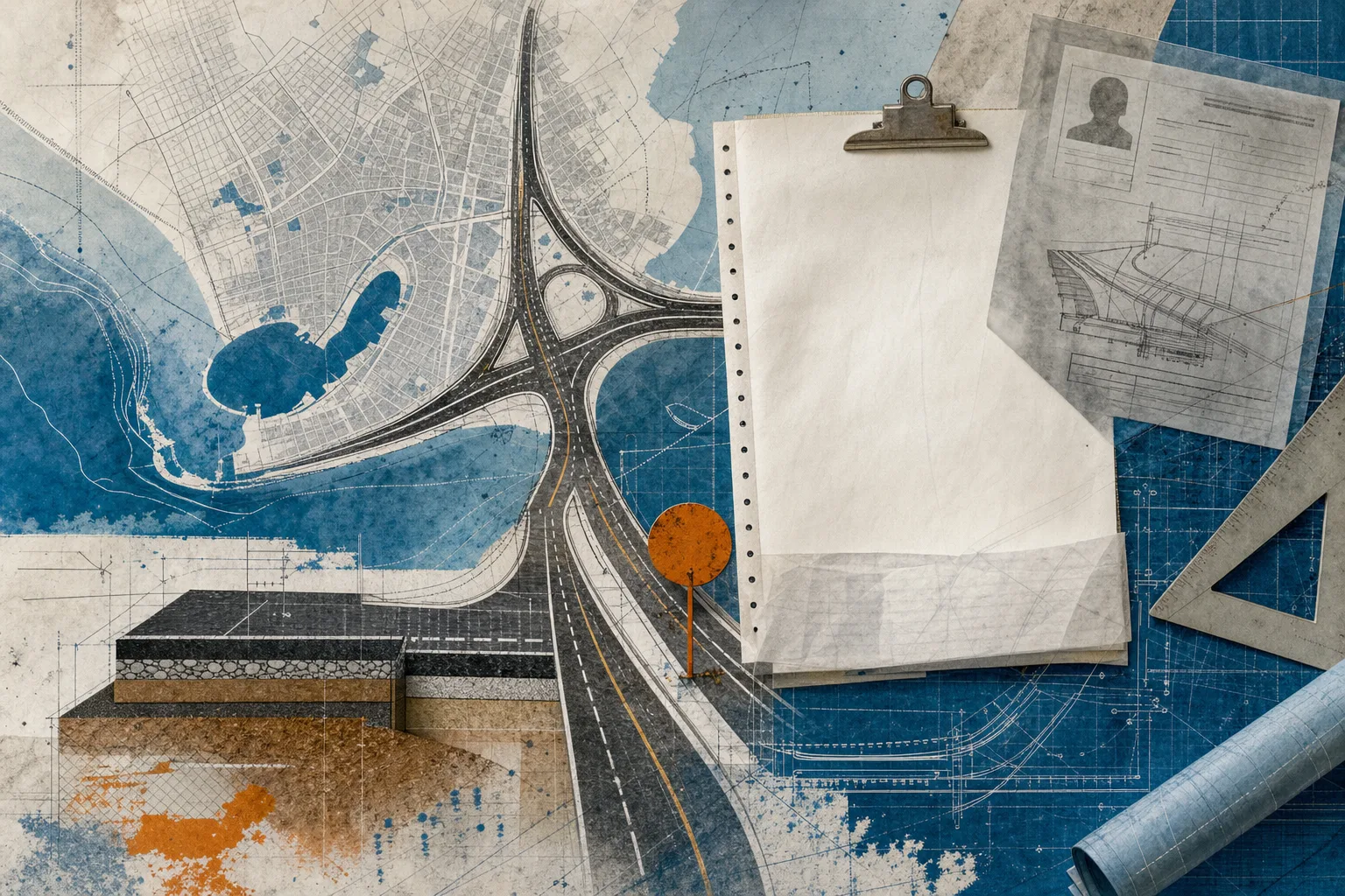 Mapa técnico abstrato de Maceió com entroncamento viário e documento de registro profissional, ligado à lotação do cargo
