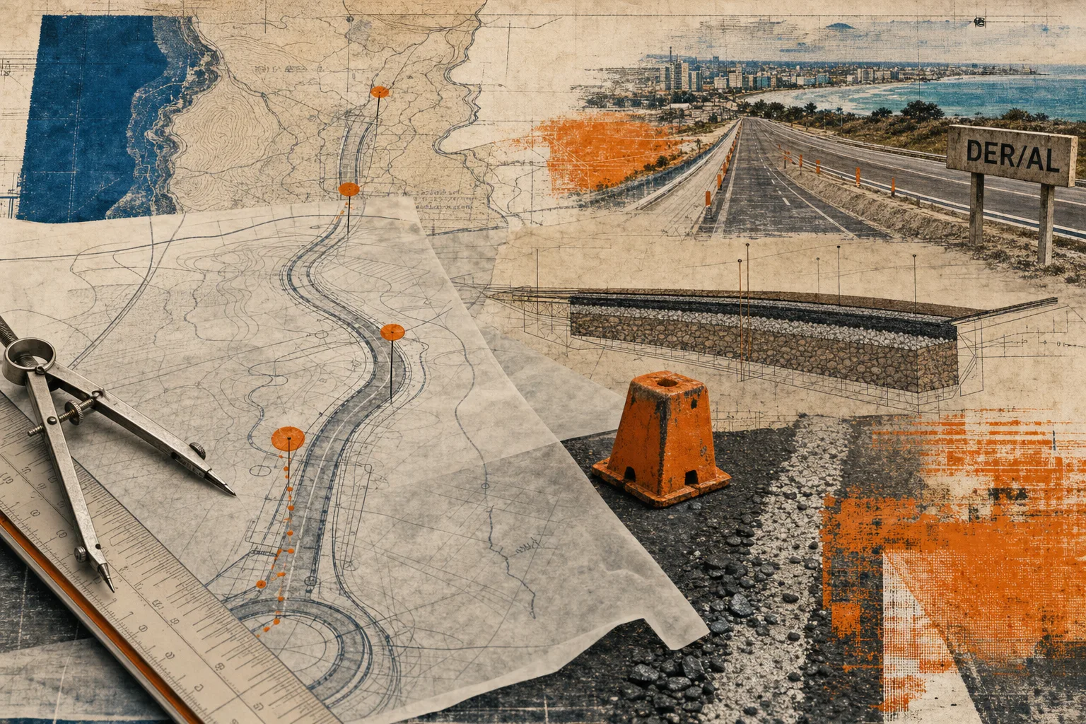 Mesa de inspeção rodoviária com planta de traçado e elementos técnicos ligados ao concurso DER-AL em Maceió
