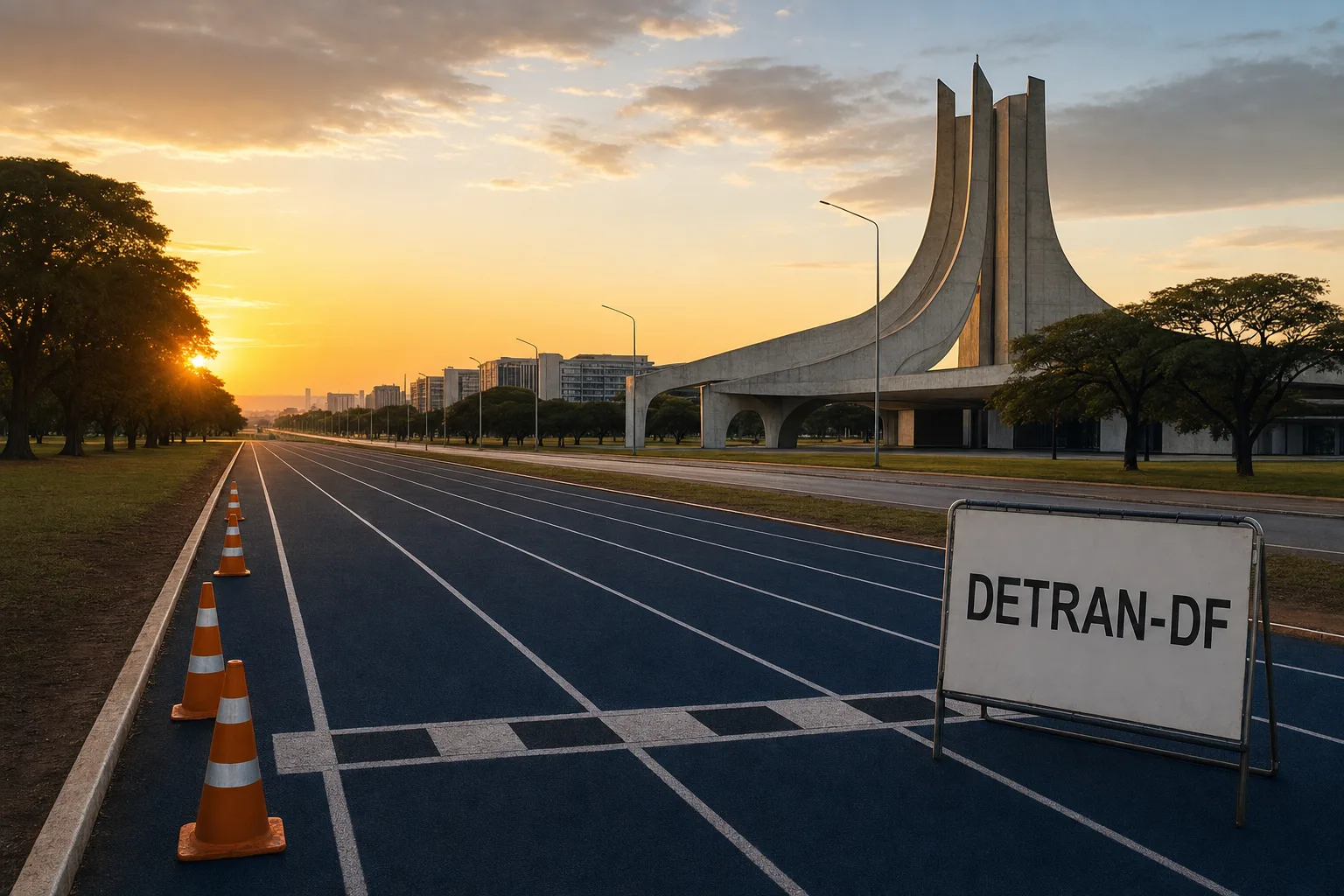 Pista de treinamento vazia em Brasília com marcações de faixa, relacionada ao teste de capacidade física do concurso histórico