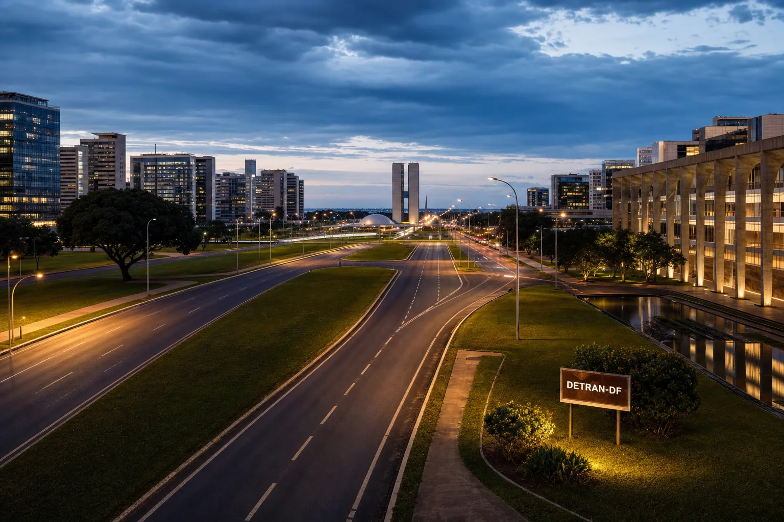 Eixos viários de Brasília ao entardecer, relacionados ao território operacional do Agente de Trânsito do DETRAN-DF