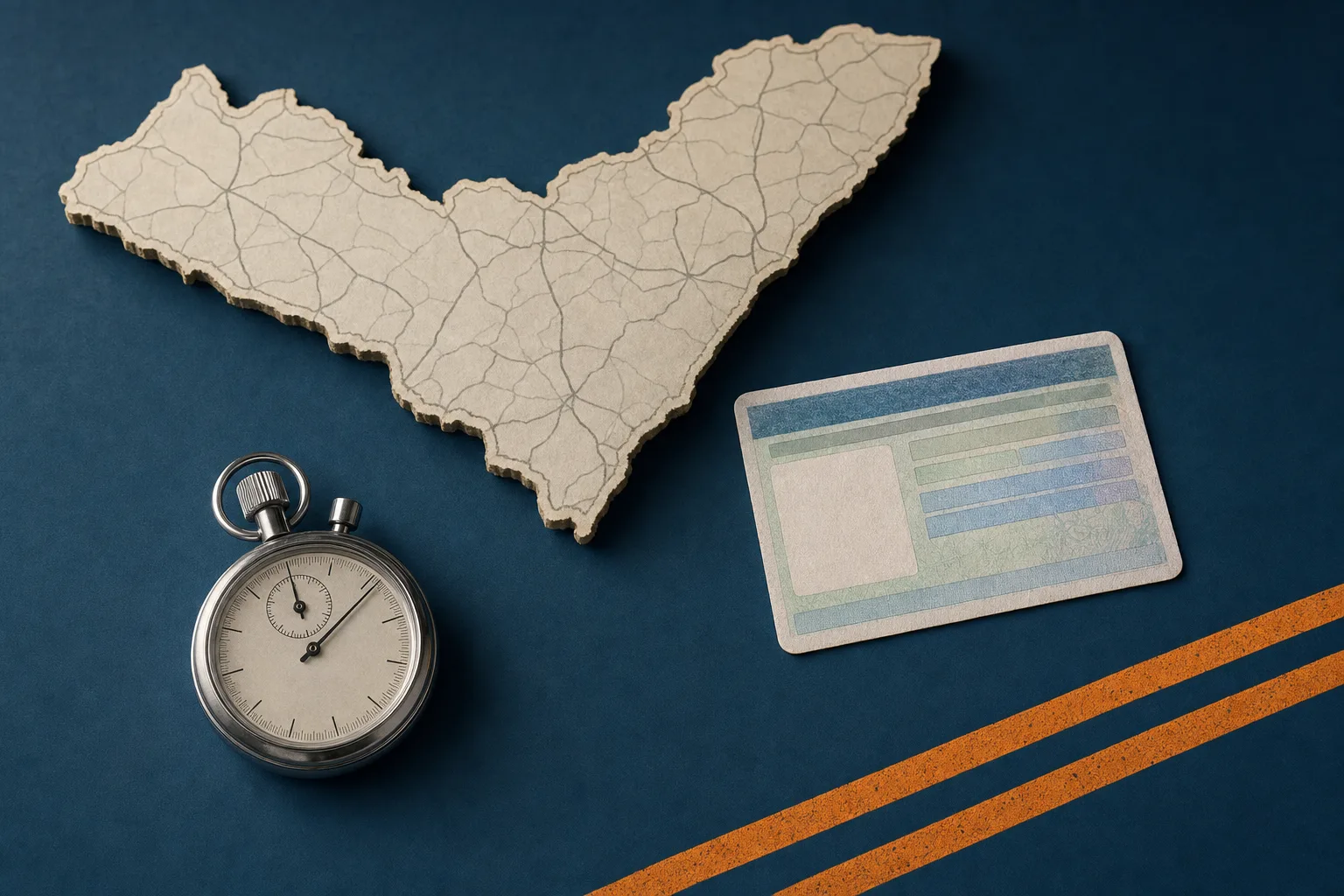 Mapa de navegação, documento abstrato de habilitação e cronômetro sobre superfície azul, ligados aos requisitos do concurso