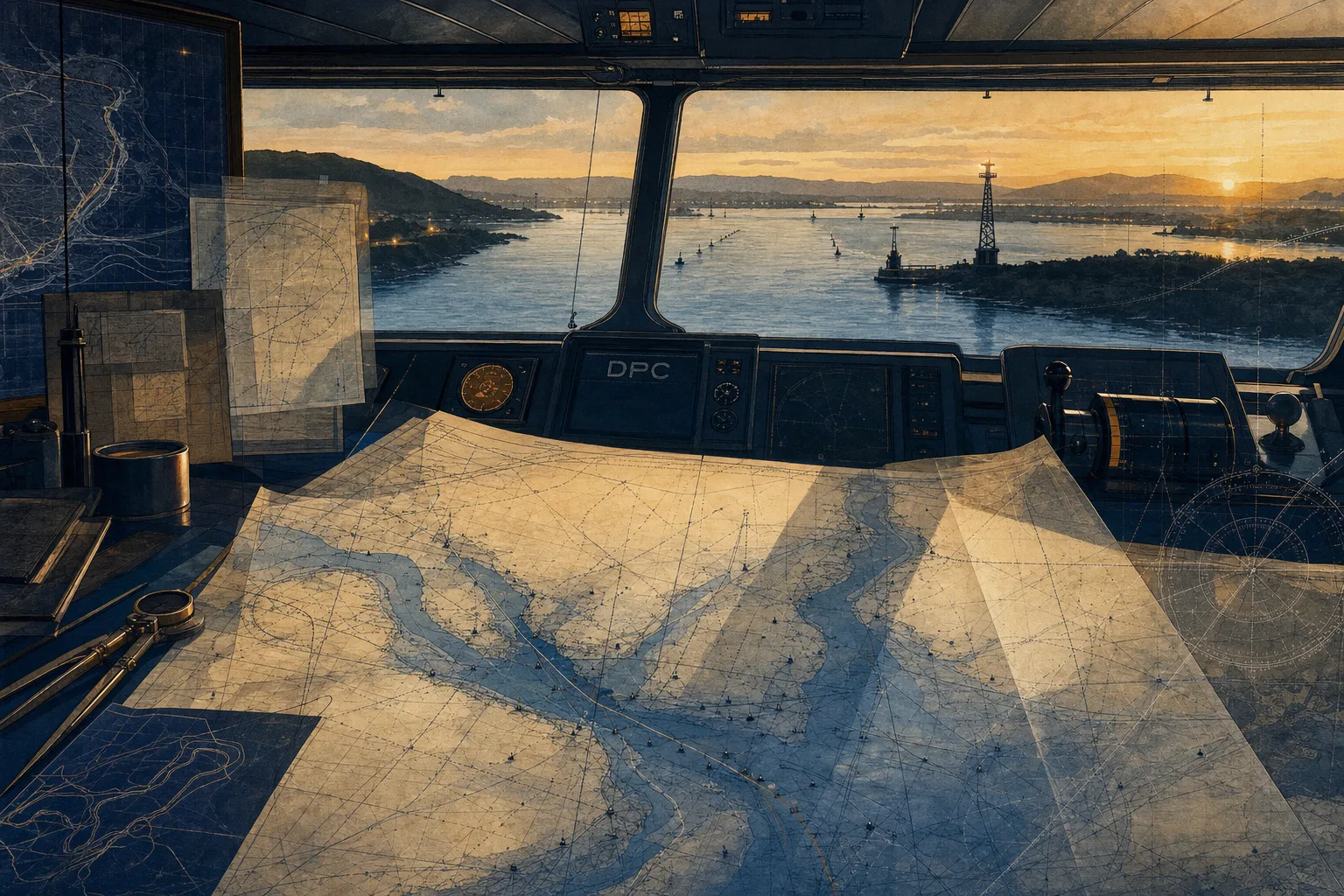 Passadiço vazio com carta náutica e instrumentos de navegação, representando a preparação técnica para a seleção da DPC