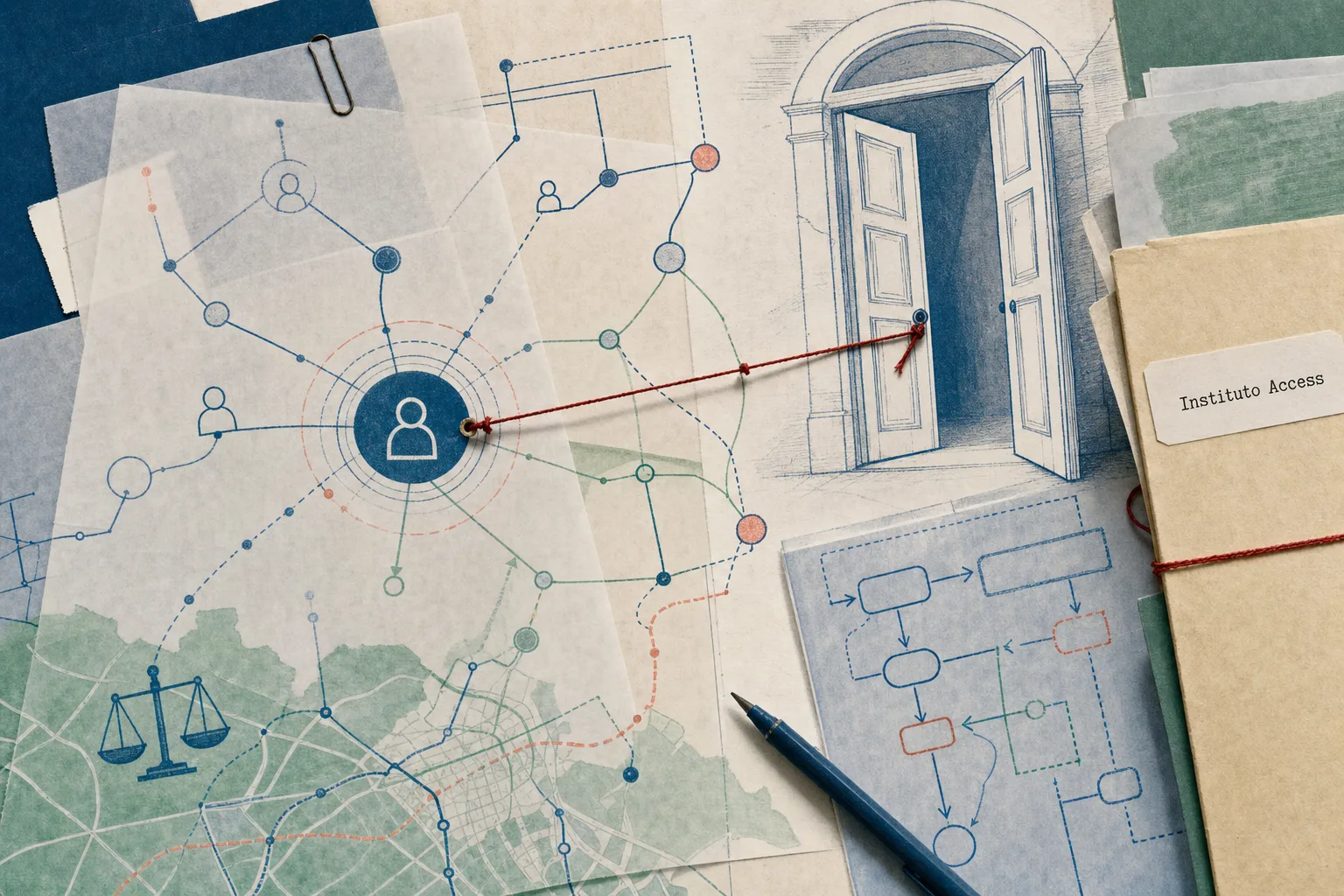 Mesa editorial com folhas de encaminhamento, pasta contratual e linha conectando o Instituto Access a uma porta ainda sem identificação definitiva