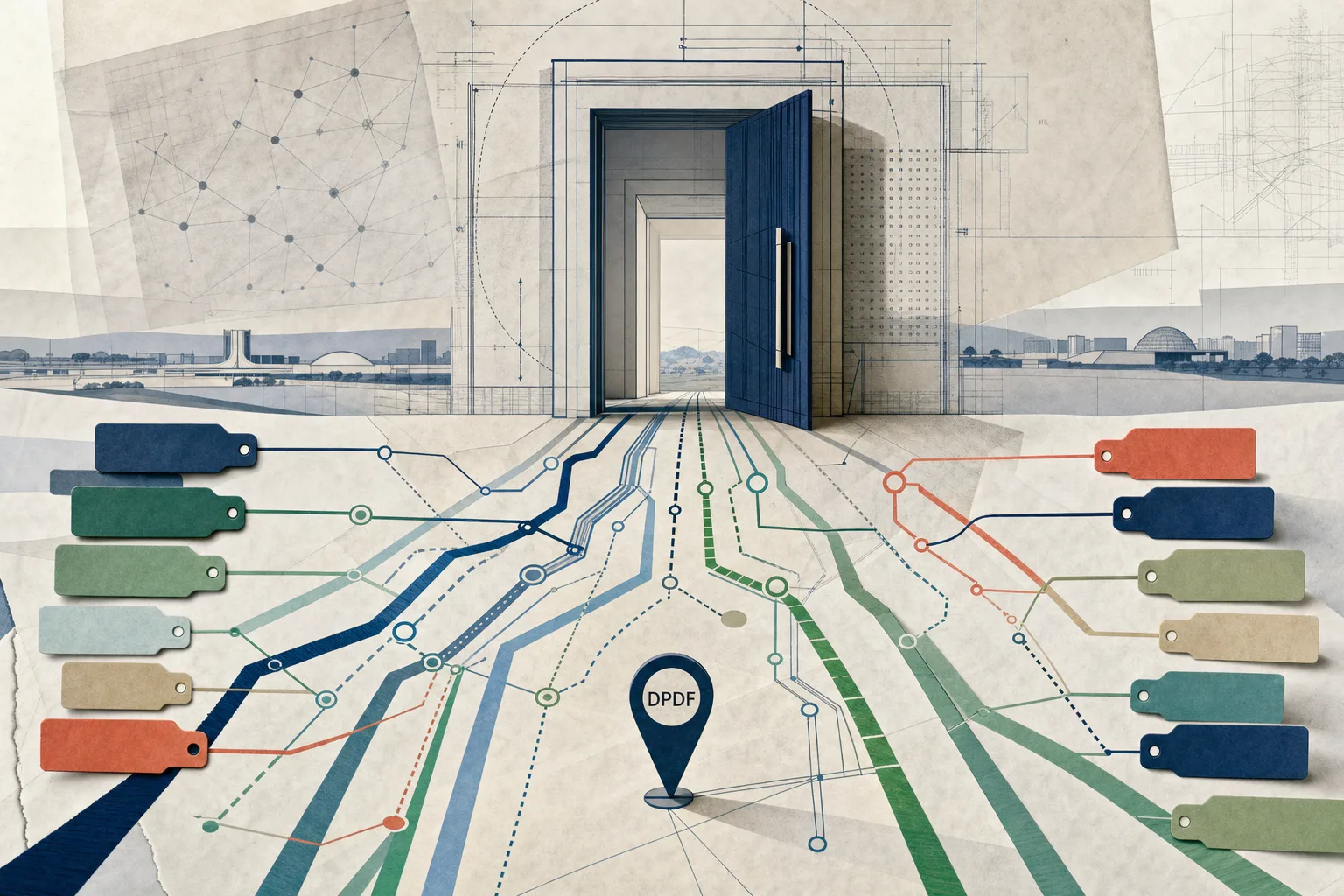 Ilustração arquitetônica de rotas especializadas convergindo para uma porta pública inacabada identificada como DPDF