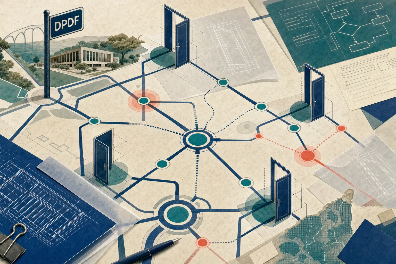 Colagem editorial de uma rede de acesso à justiça com mapa, conexões e uma porta entreaberta identificada como DPDF