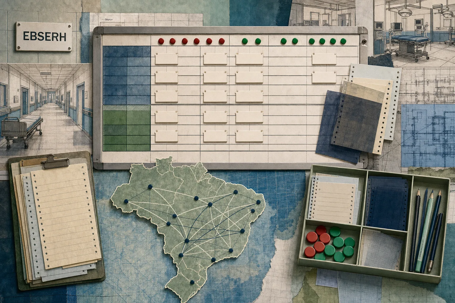 Colagem editorial de um quadro de escala hospitalar, fichas de turno e rotas nacionais vinculadas à preparação para a EBSERH