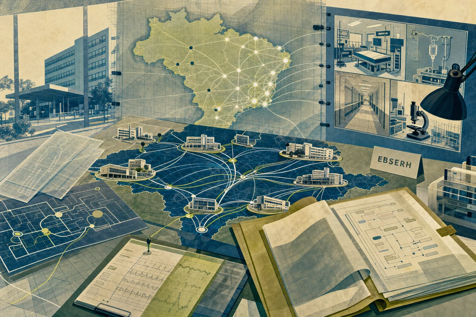 Mapa artístico de uma rede nacional de hospitais universitários conectados por linhas de encaminhamento, relacionado ao alcance do concurso EBSERH