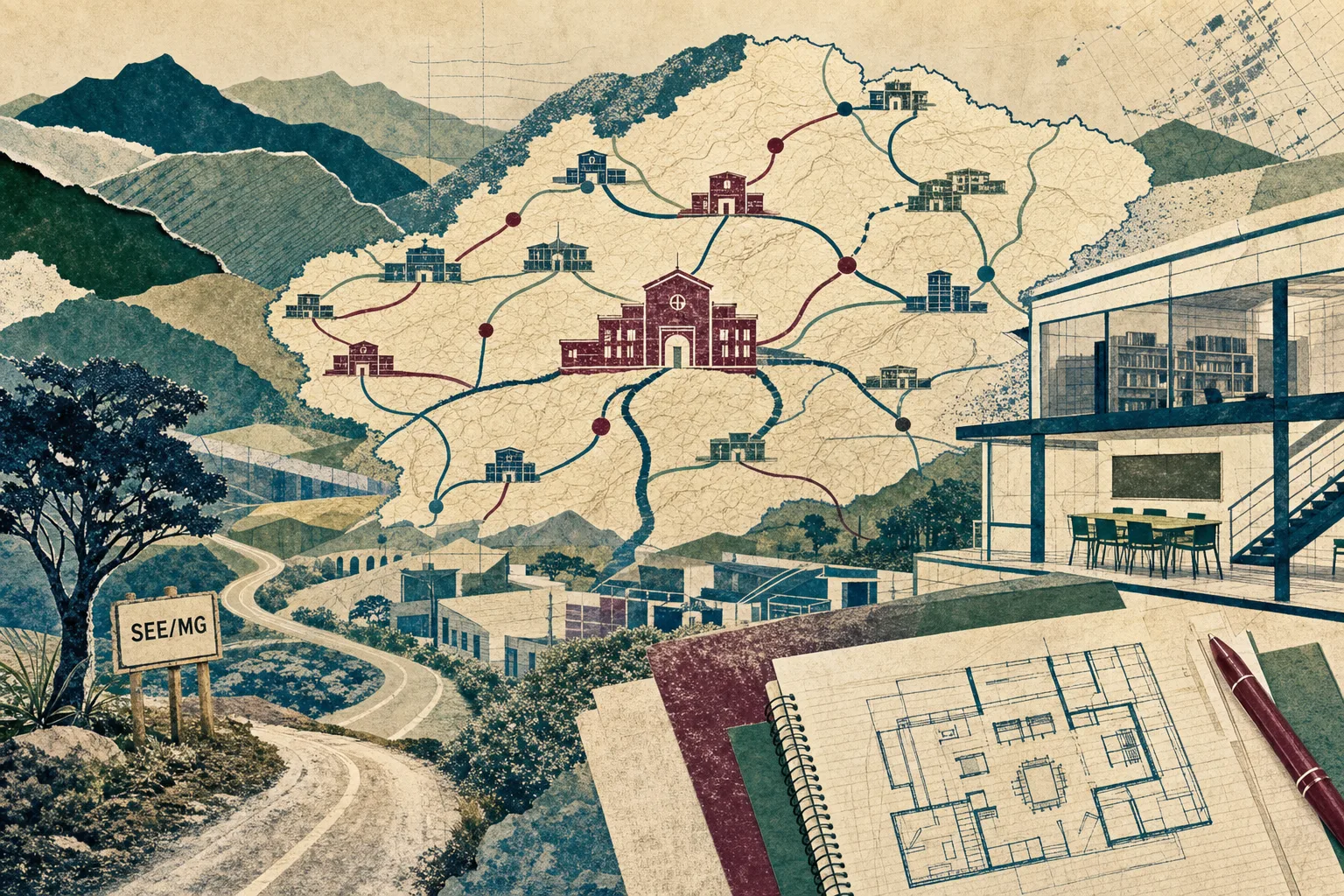 Mapa editorial de Minas Gerais formado por rotas escolares, marcos regionais e símbolos arquitetônicos